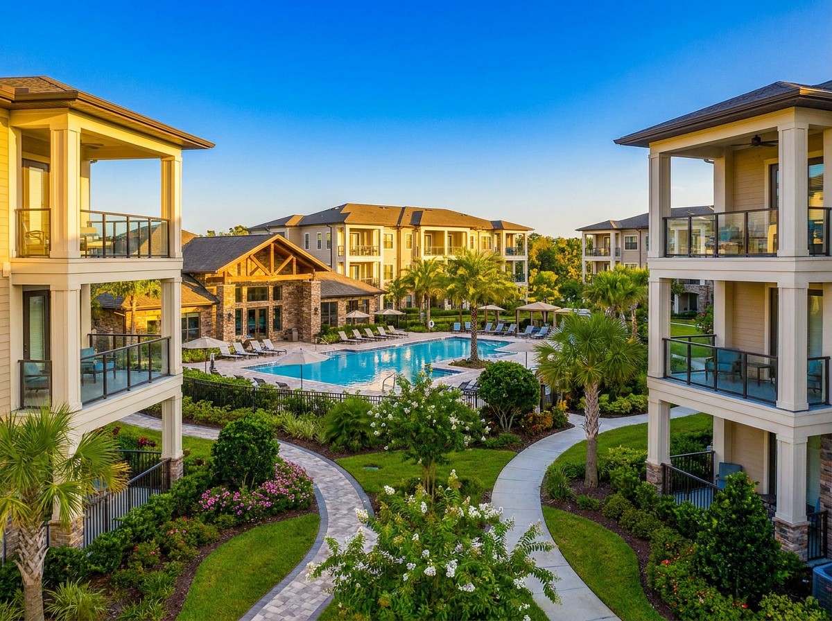 Luxury apartment community at golden hour