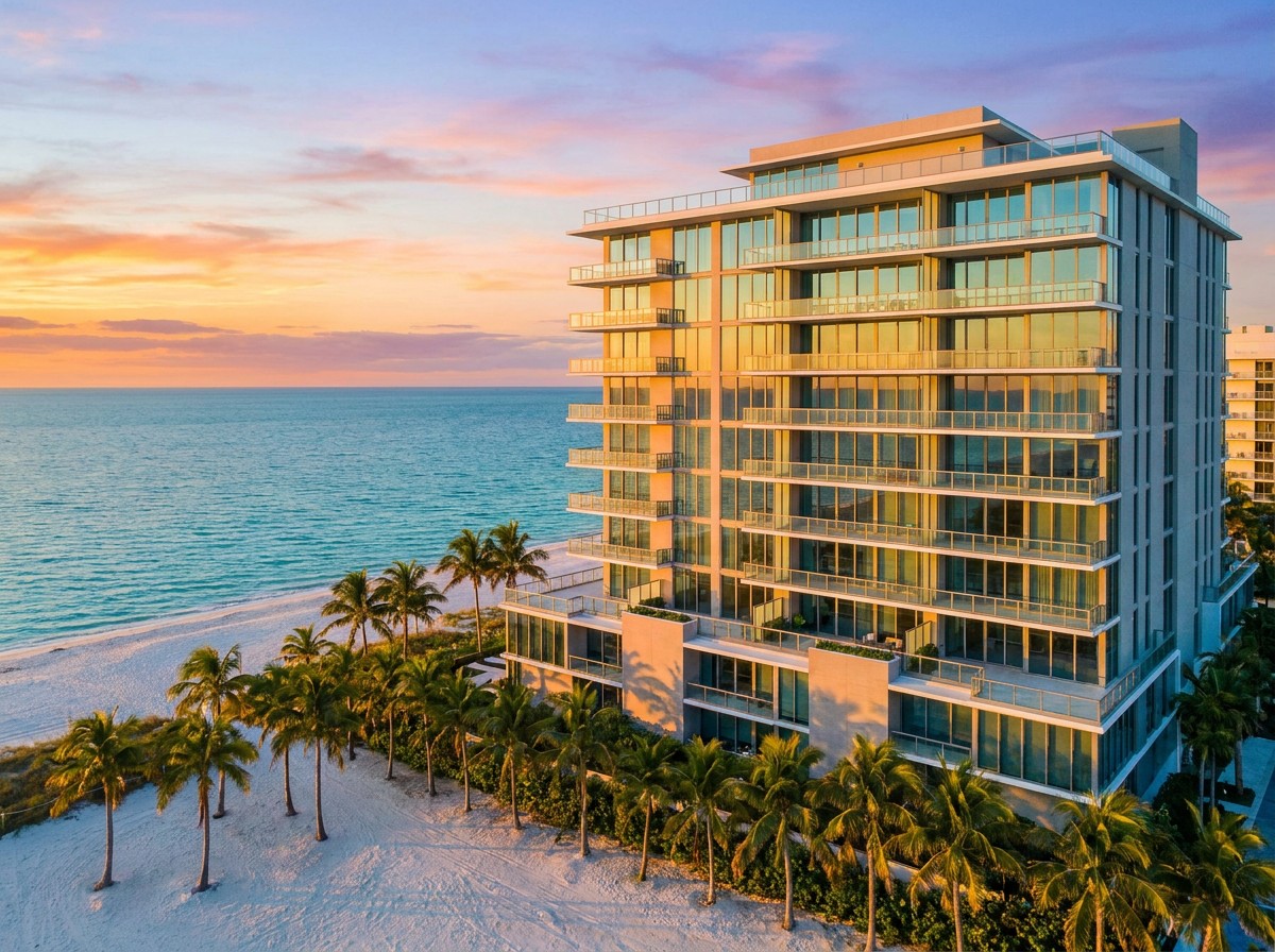 Beachfront condominium tower at sunrise