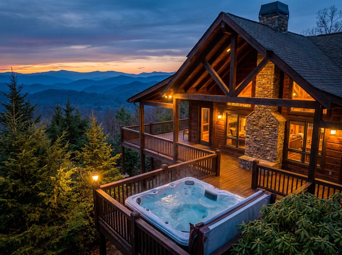 Luxury mountain cabin rental at dusk