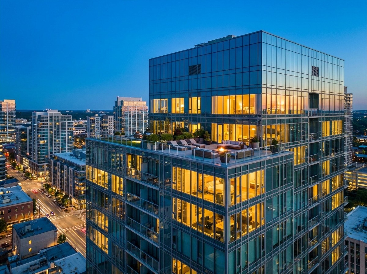 Glass condominium high-rise at dusk