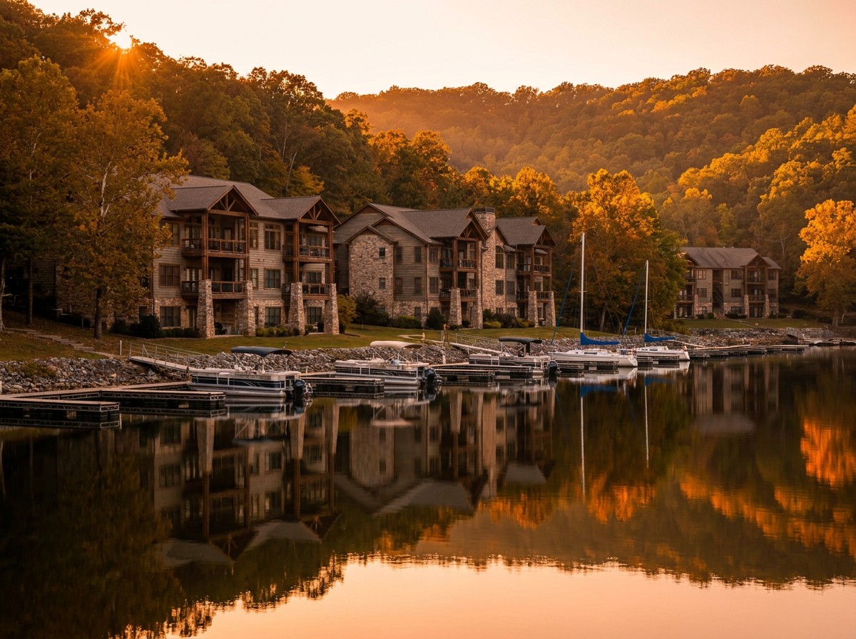 Lakefront resort condominiums at golden hour